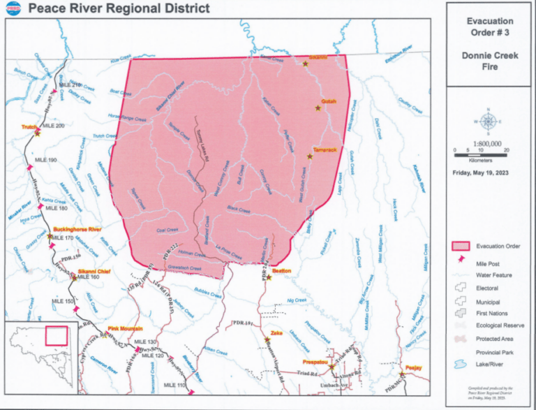 Peace River Regional District issues order and alert for Donnie Creek wildfire