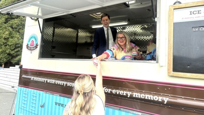 Premier David Eby and Agriculture Minister Lana Popham mark BC Dairy Day on May 13, 2025 by serving up ice cream from a truck outside the legislature. | Emily Joveski, Vista Radio photo