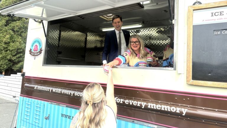 Premier David Eby and Agriculture Minister Lana Popham mark BC Dairy Day on May 13, 2025 by serving up ice cream from a truck outside the legislature. | Emily Joveski, Vista Radio photo